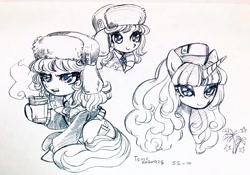 Size: 2048x1434 | Tagged: safe, artist:babtyu, imported from twibooru, march gustysnows, tropical dream, earth pony, unicorn, princess spike (episode), coffee, image, monochrome, needs more jpeg, traditional art