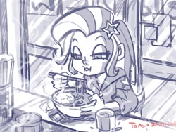 Size: 800x600 | Tagged: safe, artist:babtyu, imported from twibooru, trixie, equestria girls, food, hairclip, image, monochrome, needs more jpeg, noodles, ramen