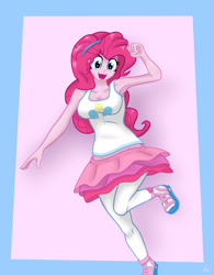 Size: 1600x2051 | Tagged: safe, artist:lennondash, imported from derpibooru, pinkie pie, equestria girls, breasts, busty pinkie pie, cleavage, clothes, cute, cutie mark, cutie mark on clothes, diapinkes, female, hairband, looking at you, open mouth, shoes, simple background, skirt, smiling, solo, tanktop