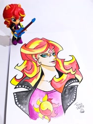 Size: 1536x2048 | Tagged: safe, artist:babtyu, imported from twibooru, sunset shimmer, equestria girls, bust, cutie mark, doll, electric guitar, equestria girls minis, guitar, image, musical instrument, needs more jpeg, pencil drawing, photo, portrait, toy, traditional art