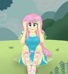 Size: 1280x1407 | Tagged: safe, artist:lennondash, imported from derpibooru, fluttershy, equestria girls, filli vanilli, blushing, butterfly hairpin, clothes, cloud, cute, dress, embarrassed, equestria girls interpretation, female, flower, flower in hair, grass, hairpin, hands on head, looking at you, sad, sadorable, scene interpretation, shyabetes, sitting, solo