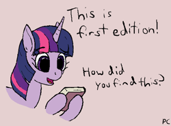 Size: 1140x844 | Tagged: safe, artist:pinkchalk, twilight sparkle, pony, unicorn, book, dialogue