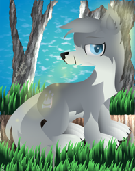 Size: 1463x1854 | Tagged: safe, artist:lincolnbrewsterfan, derpibooru exclusive, imported from derpibooru, oc, oc only, oc:flow, wolf, .svg available, bark, chest fluff, claws, colored eyebrows, colored pupils, crown, cute, cutie mark, ear fluff, eyebrows, feral, forest, forest background, fur, furry, gift art, grass, grass field, jewelry, lens flare, lineless, looking at you, male, nc-tv signature, neck fluff, not pony related, pale belly, paws, regalia, signature, sitting, smiling, smiling at you, solo, sunlight, sunshine, svg, tail, tail fluff, tattoo, tree, two toned coat, vector
