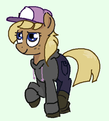 Size: 363x406 | Tagged: safe, artist:kleyime, oc, oc only, oc:hay bale, earth pony, pony, clothes, female, freckles, green background, hat, hoodie, mare, pants, raised hoof, shoes, simple background, smiling, solo