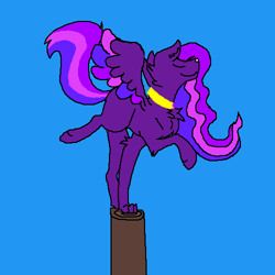 Size: 500x500 | Tagged: safe, imported from ponybooru, oc, oc:moonlight, oc:princess moonlight, colored background, colorful hair, colorful tail, eyes closed, furry, hfh, image, jewelry, legs in air, necklace, paws, png, smileing, solo, standing, standing on one leg, standing on pole, wings extended