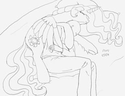 Size: 1650x1275 | Tagged: safe, artist:anonymous, princess celestia, oc, oc:anon, alicorn, pony, /sun/, bed, cuddling, cuddling in bed, eyes closed, hug, monochrome, smiling, winghug