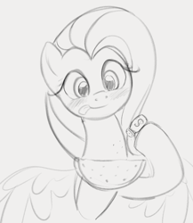 Size: 792x913 | Tagged: safe, artist:dotkwa, fluttershy, pegasus, pony, blushing, food, monochrome, salt, simple background, smiling, spread wings, tongue out, watermelon, wings