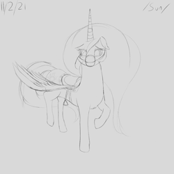 Size: 4000x4000 | Tagged: safe, artist:enonnnymous, alicorn, pony, /sun/, bridle, monochrome, raised hoof, saddle, simple background, spread wings, tack, wings