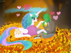 Size: 2400x1800 | Tagged: safe, artist:enonnnymous, princess celestia, oc, oc:anon, alicorn, human, pony, /sun/, autumn, blushing, clothes, cute, cutelestia, duo, eye contact, female, heart, heart eyes, holding hooves, hoof kissing, kissing, looking at each other, love, male, mare, shipping, straight, sweater, waifu, wingding eyes