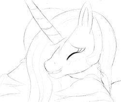 Size: 524x442 | Tagged: safe, artist:enonnnymous, princess celestia, oc, oc:anon, alicorn, pony, /sun/, eyes closed, hug, monochrome, simple background, smiling