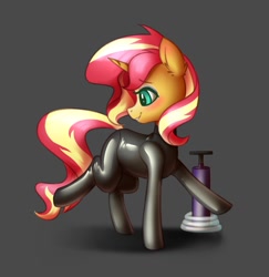 Size: 1050x1080 | Tagged: safe, artist:latexcut1e, imported from ponybooru, sunset shimmer, pony, unicorn, equestria girls, female, gray background, latex, latex suit, mare, pump, raised hoof, raised leg, simple background, solo