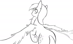 Size: 1415x851 | Tagged: safe, artist:manicpanda, derpy hooves, pegasus, pony, cropped, flying, looking back, monochrome, simple background, spread wings, wings, wip