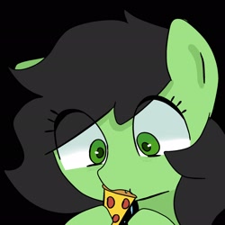 Size: 2048x2048 | Tagged: safe, artist:omelettepony, oc, oc:filly anon, earth pony, pony, eating, female, filly, food, pizza, simple background