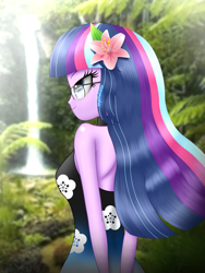 Size: 1500x2000 | Tagged: safe, artist:aryatheeditor, imported from derpibooru, sci-twi, twilight sparkle, equestria girls, bare shoulders, beautiful, bedroom eyes, bust, clothes, cute, digital art, dress, element of magic, female, flower, flower in hair, forest, geode of telekinesis, glasses, jewelry, looking up, magical geodes, outfit, pose, powerful sparkle, purple hair, rear view, shiny, sleeveless, sleeveless dress, sleeveless turtleneck, smiling, solo, twiabetes, waterfall