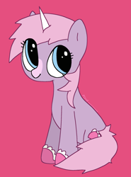 Size: 1515x2048 | Tagged: safe, artist:omelettepony, oc, oc only, pony, unicorn, clothes, different colored horn, face markings, female, looking up, mare, signature, simple background, sitting, slippers, smiling, solo, stompy slippers, unusual unicorn