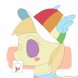 Size: 2048x2048 | Tagged: safe, artist:omelettepony, oc, pony, female, filly, hat, implied rainbow dash, mouth hold, simple background