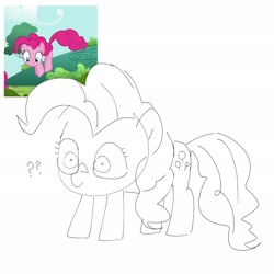 Size: 2048x2048 | Tagged: safe, artist:omelettepony, screencap, pinkie pie, earth pony, pony, great moments in animation, monochrome, question mark, simple background, sketch, smear frame