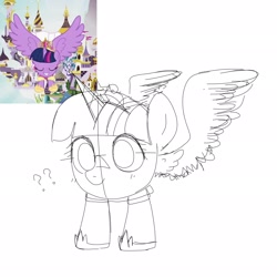 Size: 2048x2048 | Tagged: safe, artist:omelettepony, screencap, twilight sparkle, alicorn, pony, great moments in animation, monochrome, sketch, smear frame, spread wings, wings