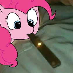 Size: 1280x1280 | Tagged: safe, artist:omelettepony, pinkie pie, earth pony, pony, bed, mouth hold