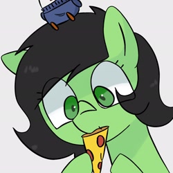 Size: 2048x2048 | Tagged: safe, artist:omelettepony, oc, oc:filly anon, pony, eating, female, filly, food, pizza, simple background