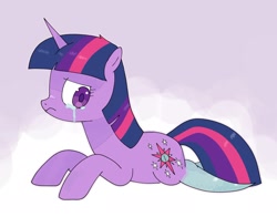 Size: 2048x1609 | Tagged: safe, artist:omelettepony, twilight sparkle, pony, unicorn, amputee, crying, lying down, prosthetic limb, prosthetics, sad, scissor twilight, simple background