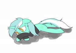Size: 2048x1429 | Tagged: safe, artist:omelettepony, lyra heartstrings, pony, unicorn, clothes, lying down, sad, simple background