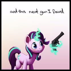 Size: 2500x2500 | Tagged: safe, artist:senaelik, starlight glimmer, pony, unicorn, dialogue, gun, magic, open mouth, simple background, smiling, talking to viewer, weapon