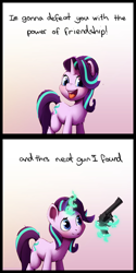 Size: 2500x5000 | Tagged: safe, artist:senaelik, starlight glimmer, pony, unicorn, comic, dialogue, gun, magic, open mouth, simple background, smiling, talking to viewer, weapon