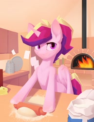 Size: 1754x2272 | Tagged: safe, artist:senaelik, princess cadance, alicorn, pony, cheese, cheese grater, dough, fire, flour, food, kitchen, pizza oven, rolling pin, smiling, spread wings, wings