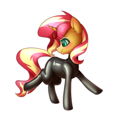 Size: 1050x1080 | Tagged: safe, artist:latexcut1e, edit, imported from twibooru, sunset shimmer, pony, unicorn, equestria girls, blushing, ear fluff, female, grin, happy, image, latex, latex suit, looking back, mare, png, rubber, rubber suit, shiny, simple background, smiling, solo, transparent background