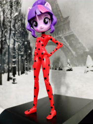 Size: 3472x4624 | Tagged: safe, imported from derpibooru, twilight sparkle, equestria girls, absurd resolution, becoming what you fear, boots, clothes, customized toy, doll, eiffel tower, equestria girls minis, female, gloves, grayscale background, irl, miraculous ladybug, motorcross, photo, shoes, smiling, solo, toy