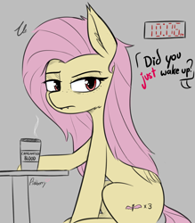 Size: 1426x1627 | Tagged: safe, artist:pinkberry, imported from derpibooru, fluttershy, bat pony, pony, altered cutie mark, bat ponified, clock, colored sketch, drinking blood, ear fluff, evening, fangs, female, flutterbat, folded wings, freckles, gray background, lidded eyes, looking at you, mare, race swap, raised eyebrow, red eyes, signature, simple background, sketch, sleepy, solo, talking, wings