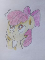 Size: 1536x2048 | Tagged: safe, artist:wrath-marionphauna, imported from derpibooru, apple bloom, earth pony, pony, female, filly, hoof on cheek, solo, traditional art