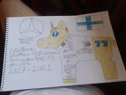 Size: 4128x3096 | Tagged: safe, artist:super-coyote1804, imported from derpibooru, pony, colored pencil drawing, finland, formula 1, mercedes-benz, ponified, solo, traditional art