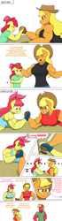 Size: 857x3072 | Tagged: safe, artist:matchstickman, imported from derpibooru, apple bloom, applejack, big macintosh, anthro, earth pony, tumblr:where the apple blossoms, ..., abs, angry, apple bloom's bow, apple brawn, apple siblings, apple sisters, applejack's hat, applejacked, arm wrestling, biceps, bow, breasts, brother and sister, busty apple bloom, busty applejack, clothes, comic, cowboy hat, deltoids, dialogue, eyes closed, female, fingerless gloves, floppy ears, gloves, great macintosh, gritted teeth, hair bow, hand on head, hat, jealous, looking at each other, looking at someone, male, mare, matchstickman's apple brawn series, midriff, muscles, muscular female, muscular male, pecs, shirt, siblings, simple background, sisters, speech bubble, stallion, sweat, sweatdrop, table, trio, tumblr comic, white background