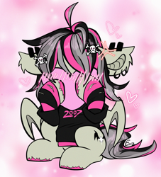 Size: 2000x2200 | Tagged: safe, artist:etoz, imported from derpibooru, oc, oc only, oc:gravel shine, bat pony, pony, angry, bat pony oc, bat wings, blushing, chibi, clothes, cute, ear piercing, earring, emo, heart, hiding, hiding face, high res, jewelry, male, piercing, shirt, sitting, stallion, t-shirt, tsundere, wings