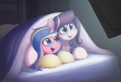 Size: 2000x1350 | Tagged: safe, artist:pyropk, imported from derpibooru, oc, oc:alto legato, oc:azure serenity, pegasus, pony, unicorn, bed, blanket, blushing, female, glasses, horn, mare, mattress, pegasus oc, pillow, pink coat, smiling, television, two toned mane, unicorn oc, watching tv