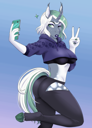 Size: 2363x3279 | Tagged: safe, artist:askbubblelee, imported from derpibooru, oc, oc only, oc:artemis bluemoon, anthro, bat pony, bat pony unicorn, hybrid, unguligrade anthro, unicorn, anthro oc, breasts, cellphone, clothes, digital art, female, high res, horn, mare, one eye closed, pants, peace sign, phone, raised leg, selfie, slit pupils, solo, unicorn oc, wink