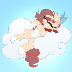 Size: 2000x2000 | Tagged: safe, artist:saveraedae, imported from derpibooru, oc, oc only, oc:sangria sol, pegasus, pony, bandana, cloud, cute, female, flower, high res, lying down, lying on a cloud, mare, on a cloud, on back, pale belly, sleeping, solo