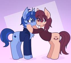 Size: 2400x2117 | Tagged: safe, artist:saveraedae, imported from derpibooru, oc, oc only, oc:allen, oc:james, earth pony, pony, unicorn, cheek squish, clothes, couple, cute, duo, gay, high res, hooves on cheeks, male, shadow, shipping, squishy cheeks, stallion, stallion on stallion