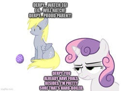 Size: 577x433 | Tagged: safe, imported from derpibooru, derpy hooves, sweetie belle, pegasus, temmie, unicorn, egg, female, filly, simple background, undertale, video game reference
