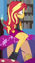Size: 300x532 | Tagged: safe, imported from derpibooru, screencap, sunset shimmer, equestria girls, equestria girls series, holidays unwrapped, spoiler:eqg series (season 2), bags under eyes, blizzard or bust, cropped, exhausted, female, legs, sci-twi's room, solo