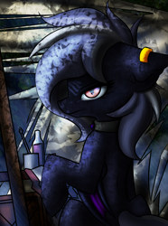 Size: 5000x6731 | Tagged: safe, artist:kranonetwork, imported from derpibooru, oc, oc only, oc:nocturne vision, bat pony, pony, amulet, crate, ear piercing, earring, forest, jewelry, piercing, sitting, solo, table, tent
