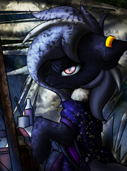 Size: 5000x6731 | Tagged: safe, artist:kranonetwork, edit, imported from derpibooru, oc, oc only, oc:nocturne vision, bat pony, pony, amulet, crate, ear piercing, earring, forest, jewelry, piercing, sitting, solo, table, tent