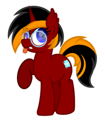 Size: 2044x2370 | Tagged: safe, artist:ponkus, imported from derpibooru, oc, oc only, oc:red flame, bat pony, bat pony unicorn, hybrid, pony, unicorn, derpibooru community collaboration, 2022 community collab, blue eyes, cute, ear fluff, ear tufts, eye clipping through hair, fangs, female, glasses, high res, horn, mare, ocbetes, raised hoof, simple background, solo, standing, tail, tongue out, transparent background, two toned mane, two toned tail