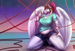 Size: 1200x822 | Tagged: safe, artist:sunny way, imported from derpibooru, oc, oc:sunny way, anthro, pegasus, chubby, clothes, kneeling, licking, licking lips, pegasus oc, rope, tongue out