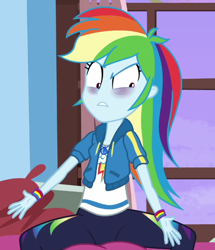 Size: 536x622 | Tagged: safe, imported from derpibooru, screencap, rainbow dash, equestria girls, equestria girls series, holidays unwrapped, spoiler:eqg series (season 2), bags under eyes, blizzard or bust, cropped, shrunken pupils, solo, spread legs, spreading