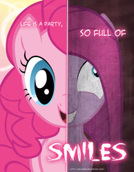 Size: 2158x2780 | Tagged: safe, artist:tehjadeh, imported from derpibooru, pinkie pie, earth pony, pony, 2011, dual persona, dual personality, female, high res, life is a party, mare, pinkamena diane pie, poster, two sided posters