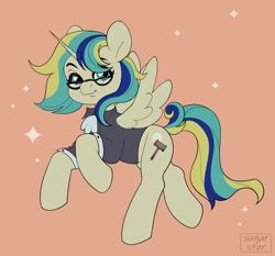 Size: 2811x2615 | Tagged: safe, artist:sugarstar, imported from derpibooru, oc, oc:queen fresh care, alicorn, pony, alicorn oc, clothes, commissioner:bigonionbean, cute, cutie mark, female, flying, fusion, fusion:carrot top, fusion:derpy hooves, fusion:golden harvest, fusion:mayor mare, fusion:minuette, glasses, high res, horn, mare, royalty, simple background, spread wings, wings, writer:bigonionbean