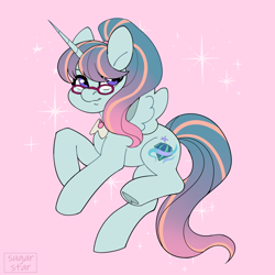 Size: 2704x2704 | Tagged: safe, artist:sugarstar, imported from derpibooru, oc, oc only, oc:earthing elements, alicorn, pony, alicorn oc, clothes, commissioner:bigonionbean, cutie mark, female, fusion, fusion:cloudy quartz, fusion:posey shy, fusion:twilight velvet, fusion:windy whistles, glasses, gradient mane, high res, horn, looking at you, magic, mare, parent:cloudy quartz, parent:posey shy, parent:twilight velvet, parent:windy whistles, pink background, royalty, simple background, smiling, smiling at you, solo, spread wings, stars, tail, wings, writer:bigonionbean